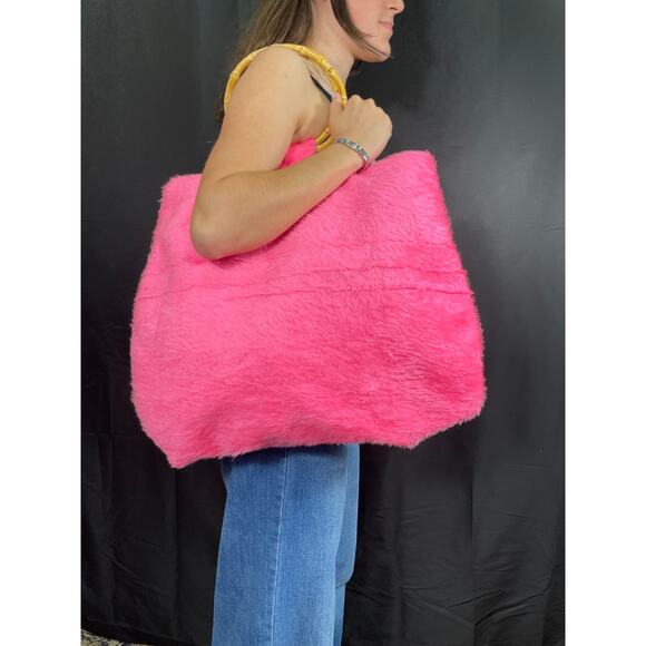 Pink Fury Purse, Created with Vintage Fabric, Ring Handles, One of A Kind - Picture 2 of 6